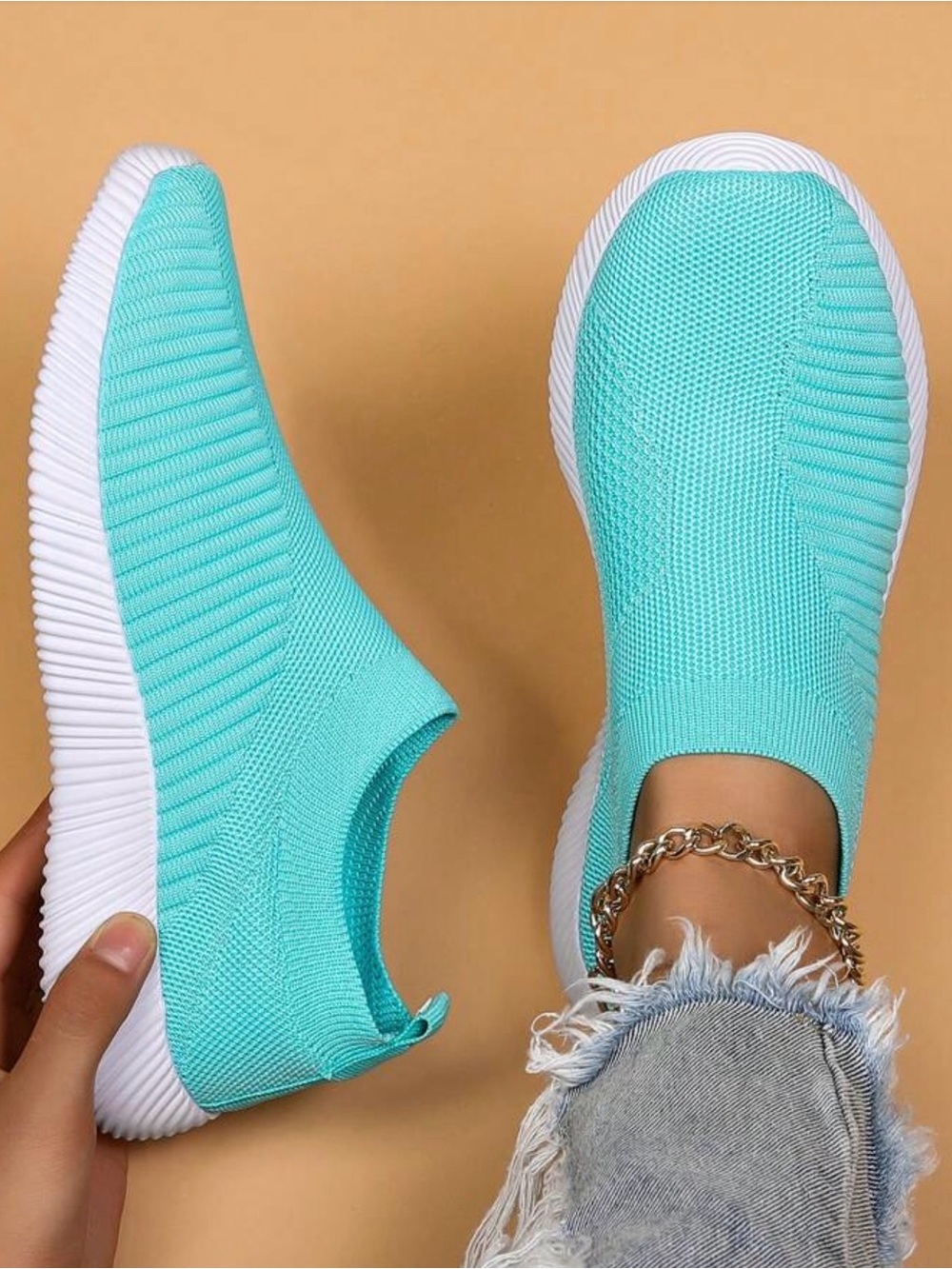 Lightweight Aqua Slip-On Knit Sneakers for Women